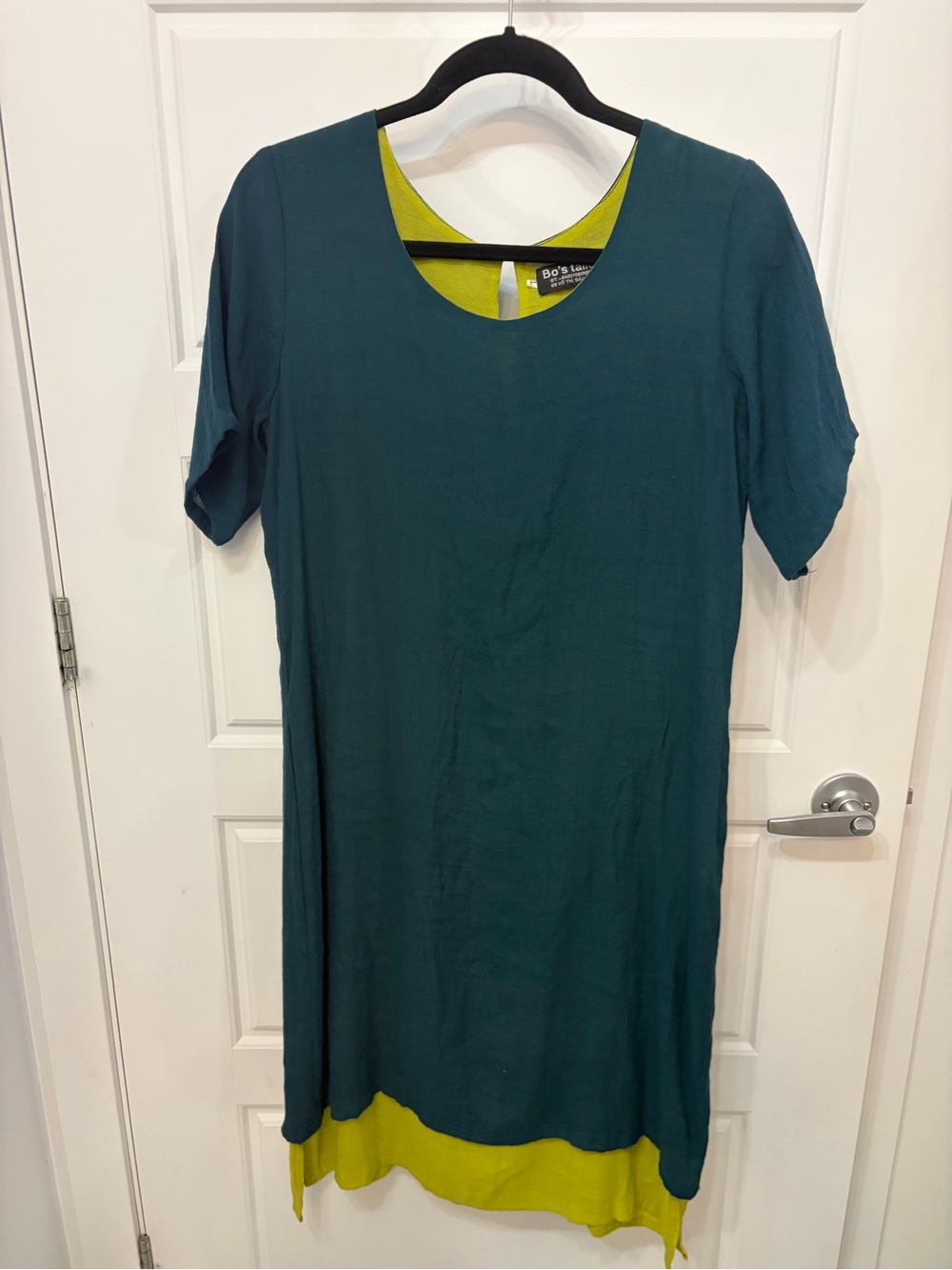 Bo's Tailor 100% Bamboo Layered Midi Dress Teal Lime Green Size L Boho Lagenlook